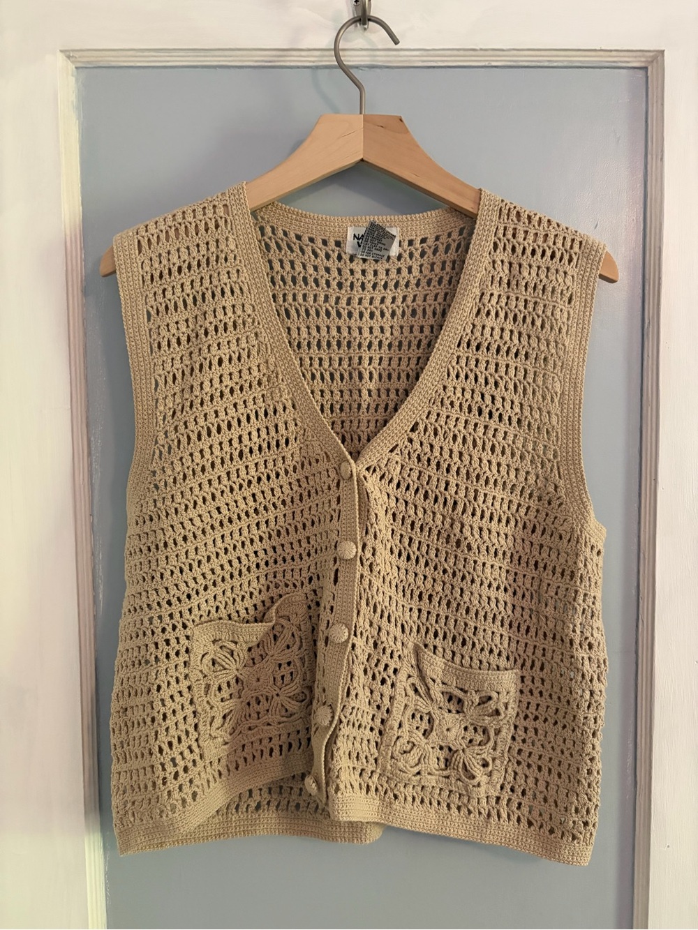 Napa Valley Cotton Crochet Button Front Vest in Beige